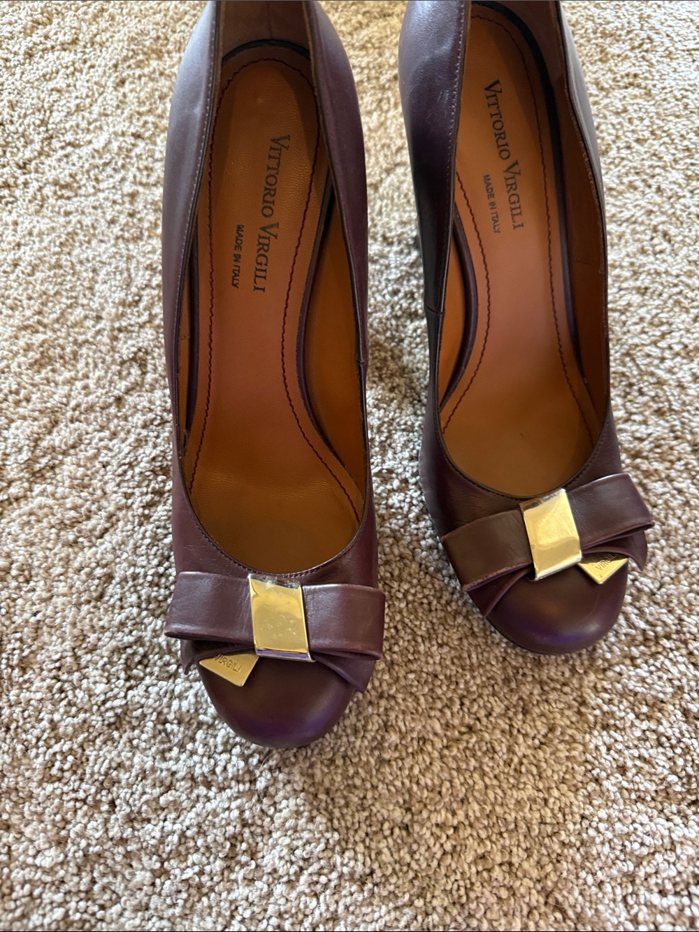 Vittorio Eggplant Leather Bow Pumps with Gold Accent